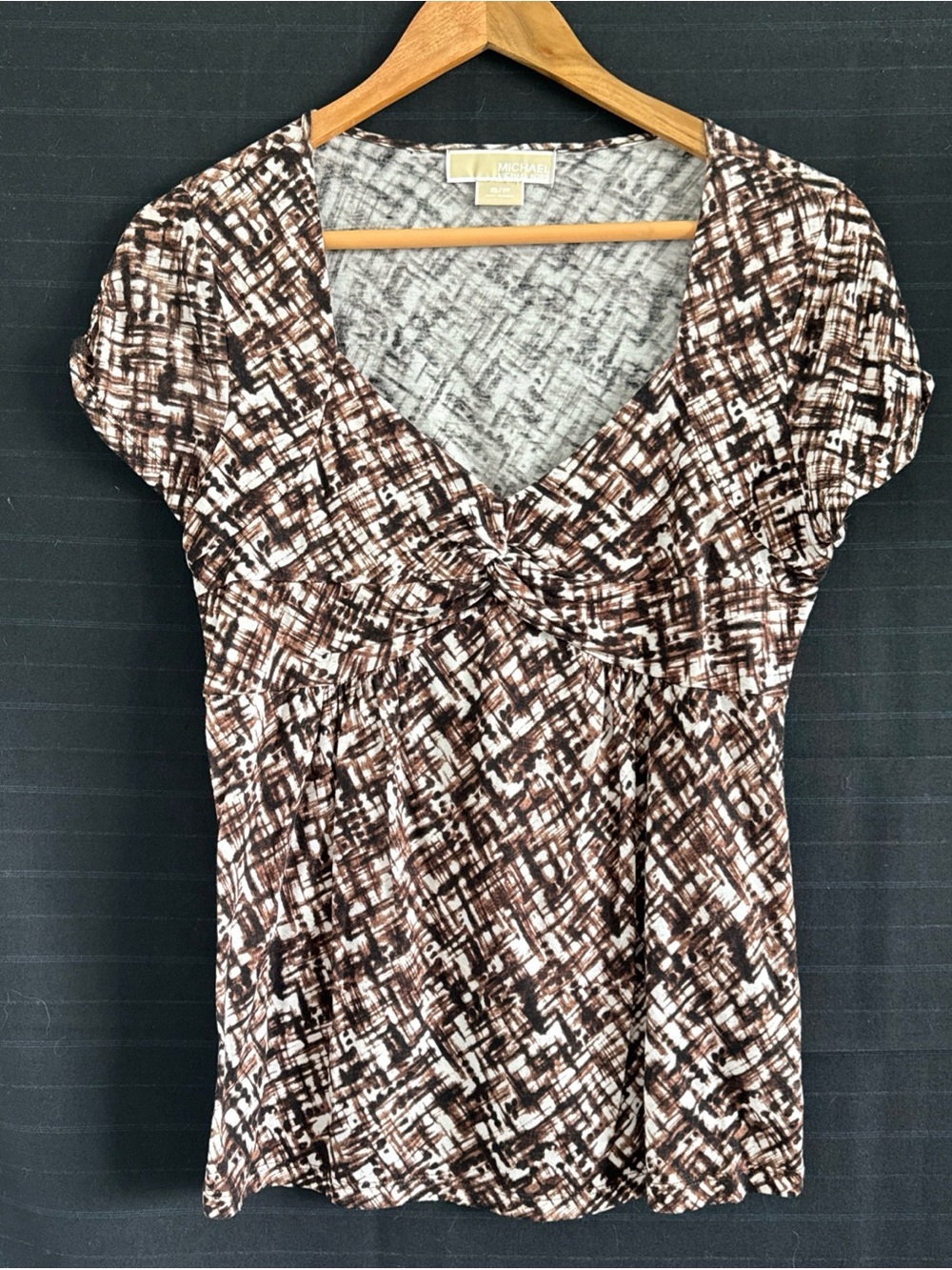 Michael Kors Brown White Deep V Neck Gathered Bust Short Sleeve Shirt Top S